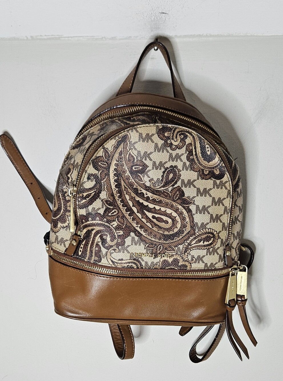 Michael Kors Rhea Backpack Brown Paisley Bag Leather Brass GUC